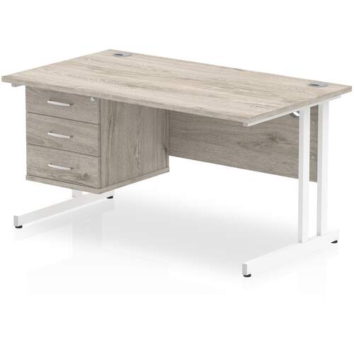 Impulse 1400 x 800mm Straight Desk Grey Oak Top White Cantilever Leg with 1 x 3 Drawer Fixed Pedestal