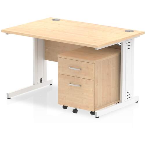 Impulse 1200 x 800mm Straight Desk Maple Top White Cable Managed Leg with 2 Drawer Mobile Pedestal Bundle