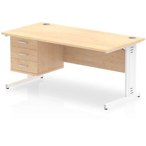 Impulse 1600 x 800mm Straight Desk Maple Top White Cable Managed Leg 1 x 3 Drawer Fixed Pedestal