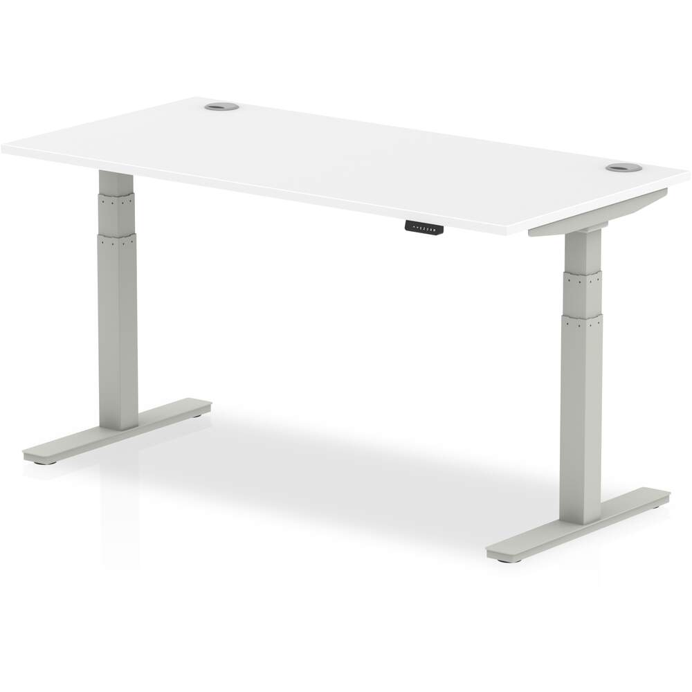 Air 1600 x 800mm Height Adjustable Desk White Top Cable Ports Silver Leg