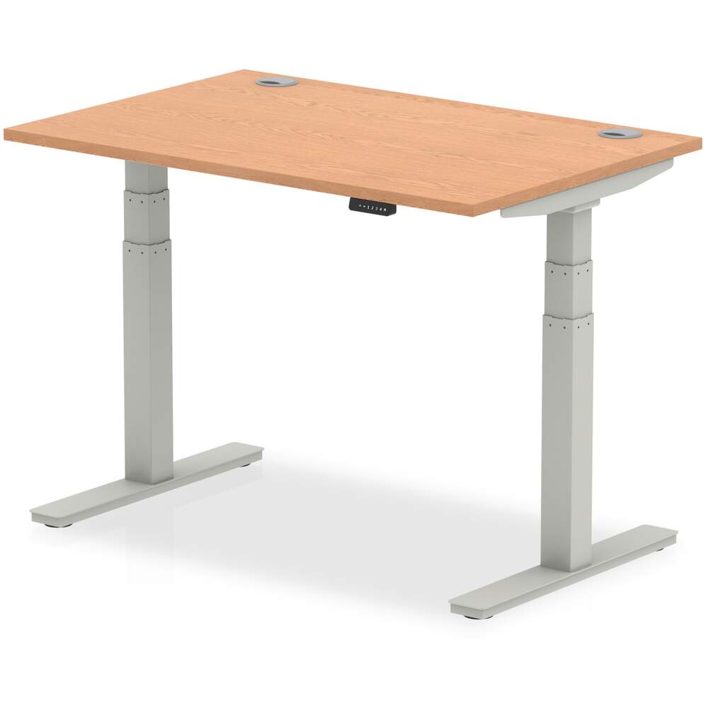 Air 1200 x 800mm Height Adjustable Desk Oak Top Cable Ports Silver Leg