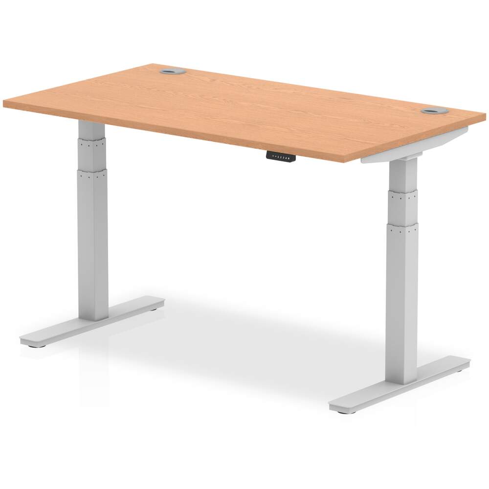 Air 1400 x 800mm Height Adjustable Desk Oak Top Cable Ports Silver Leg