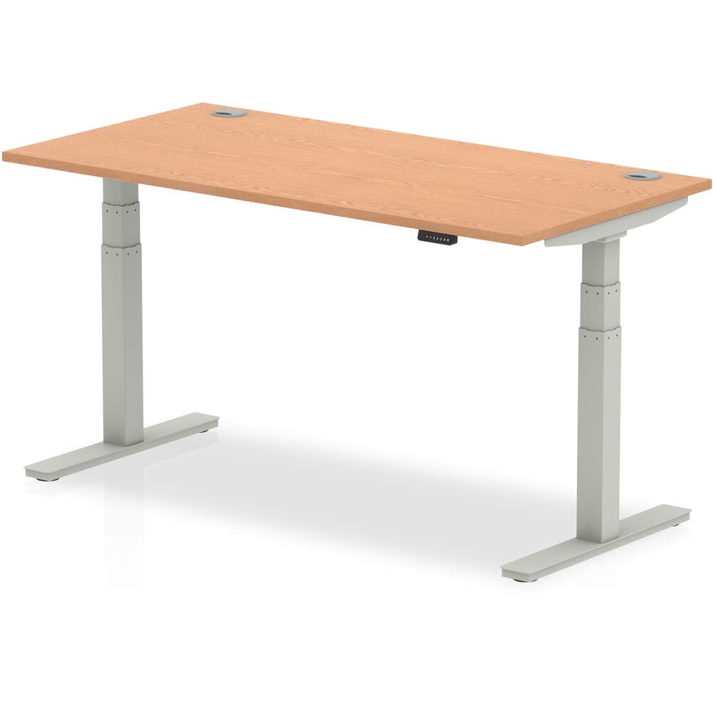 Air 1600 x 800mm Height Adjustable Desk Oak Top Cable Ports Silver Leg