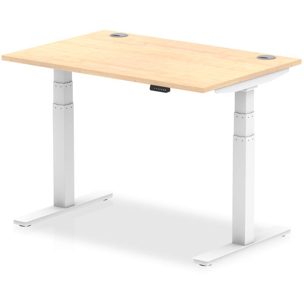 Air 1200 x 800mm Height Adjustable Desk Maple Top Cable Ports White Leg
