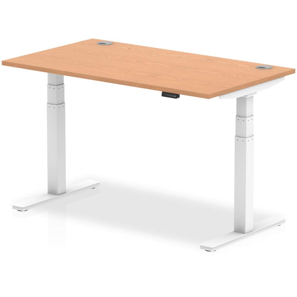 Air 1400 x 800mm Height Adjustable Desk Oak Top Cable Ports White Leg