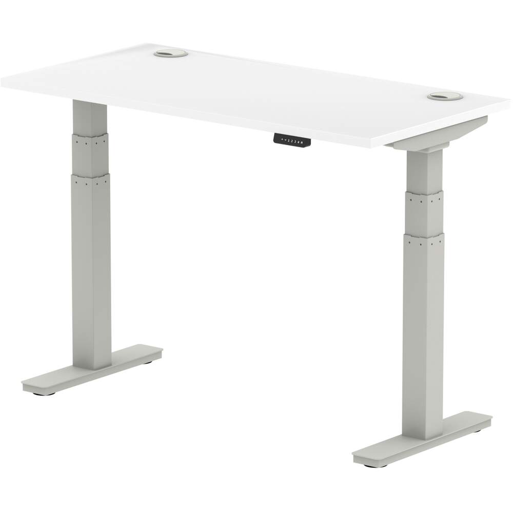 Air 1200 x 600mm Height Adjustable Desk White Top Cable Ports Silver Leg