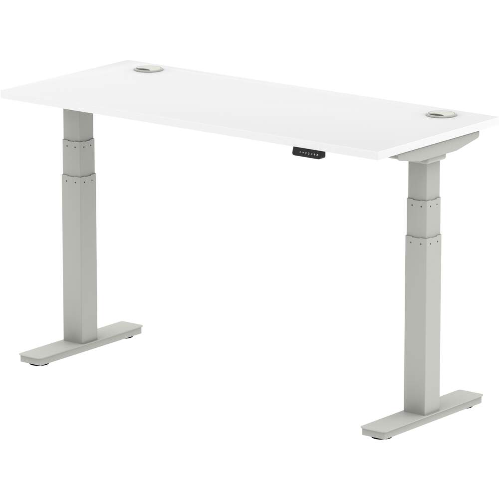 Air 1400 x 600mm Height Adjustable Desk White Top Cable Ports Silver Leg