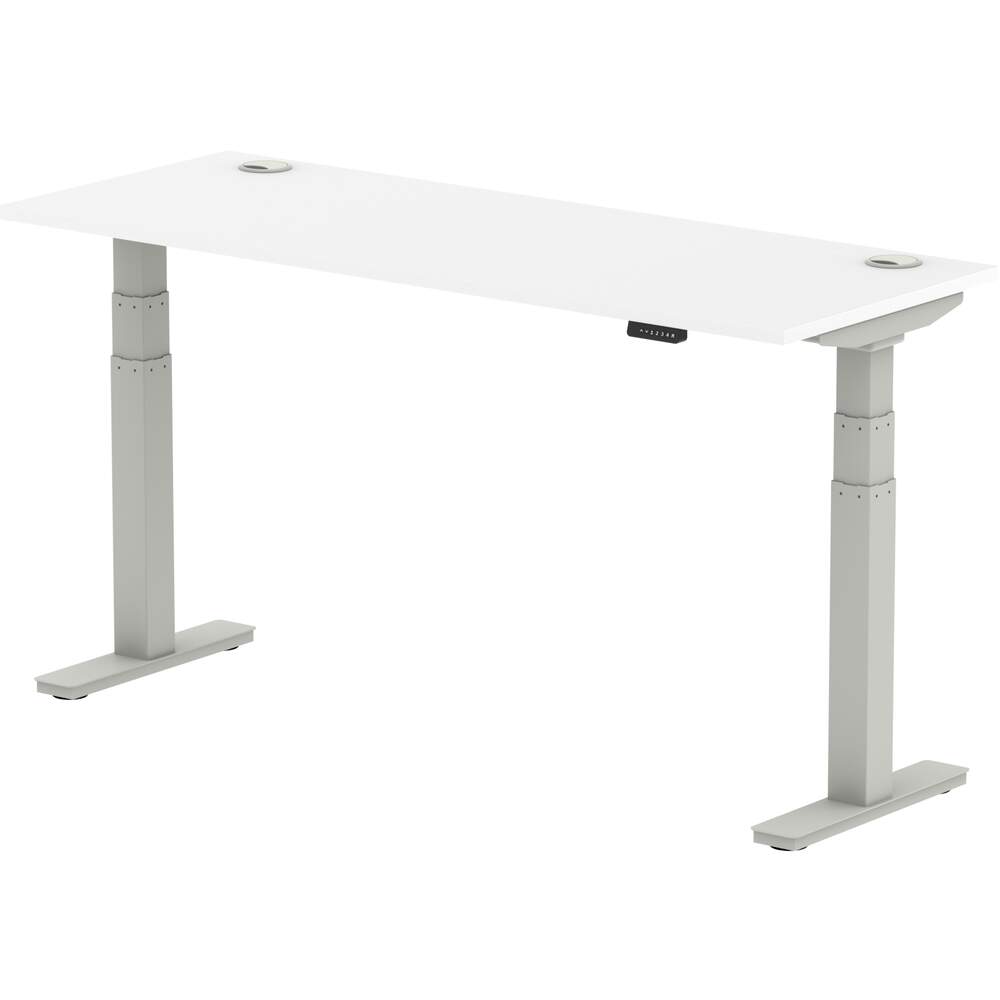 Air 1600 x 600mm Height Adjustable Desk White Top Cable Ports Silver Leg