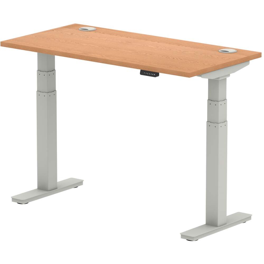 Air 1200 x 600mm Height Adjustable Desk Oak Top Cable Ports Silver Leg