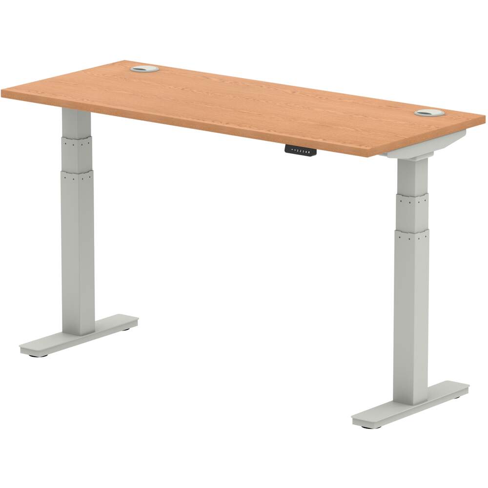 Air 1400 x 600mm Height Adjustable Desk Oak Top Cable Ports Silver Leg