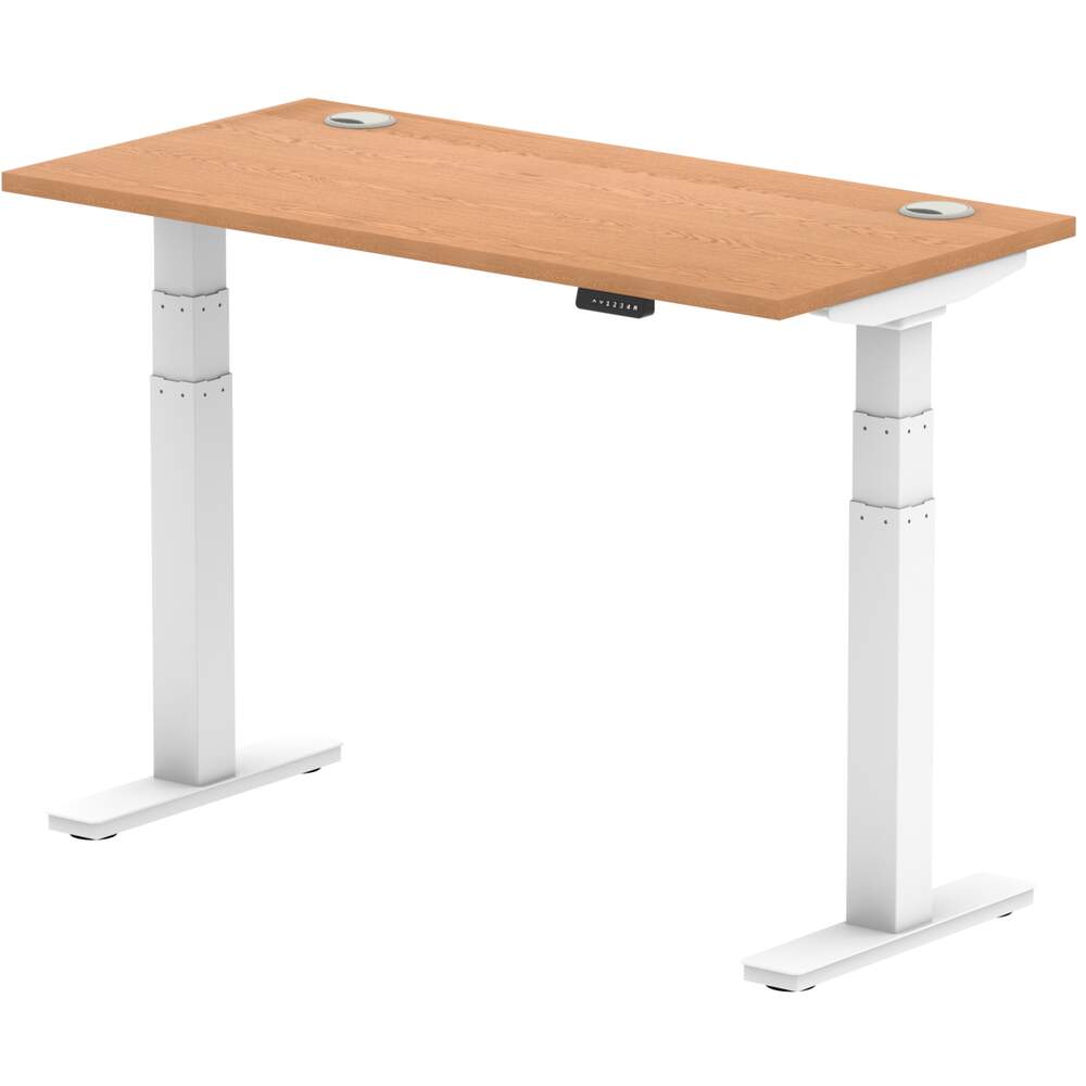 Air 1200 x 600mm Height Adjustable Desk Oak Top Cable Ports White Leg