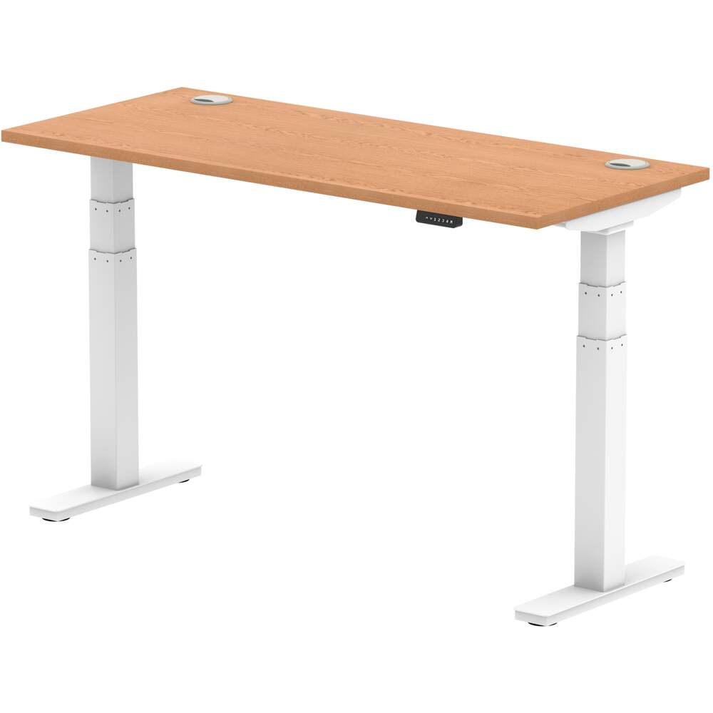 Air 1400 x 600mm Height Adjustable Desk Oak Top Cable Ports White Leg