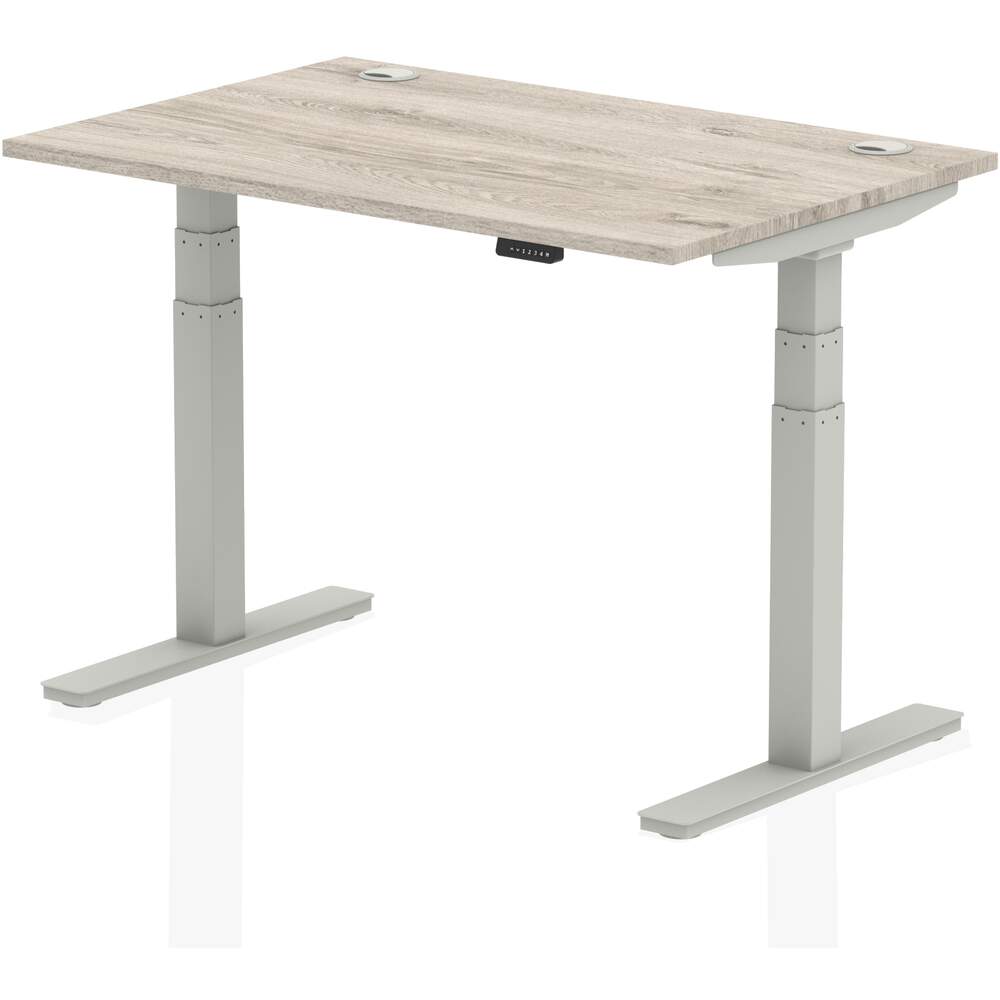 Air 1200 x 800mm Height Adjustable Desk Grey Oak Top Cable Ports Silver Leg
