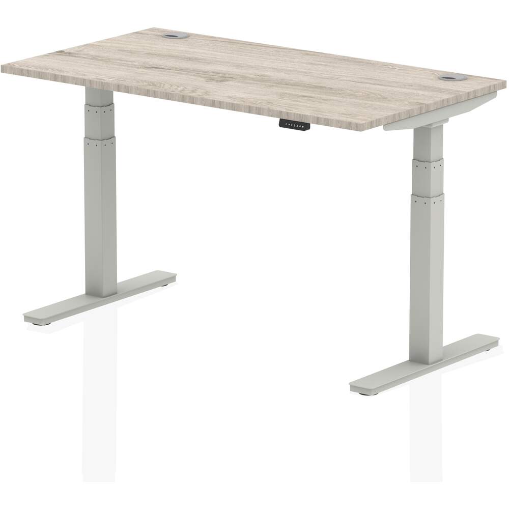 Air 1400 x 800mm Height Adjustable Desk Grey Oak Top Cable Ports Silver Leg