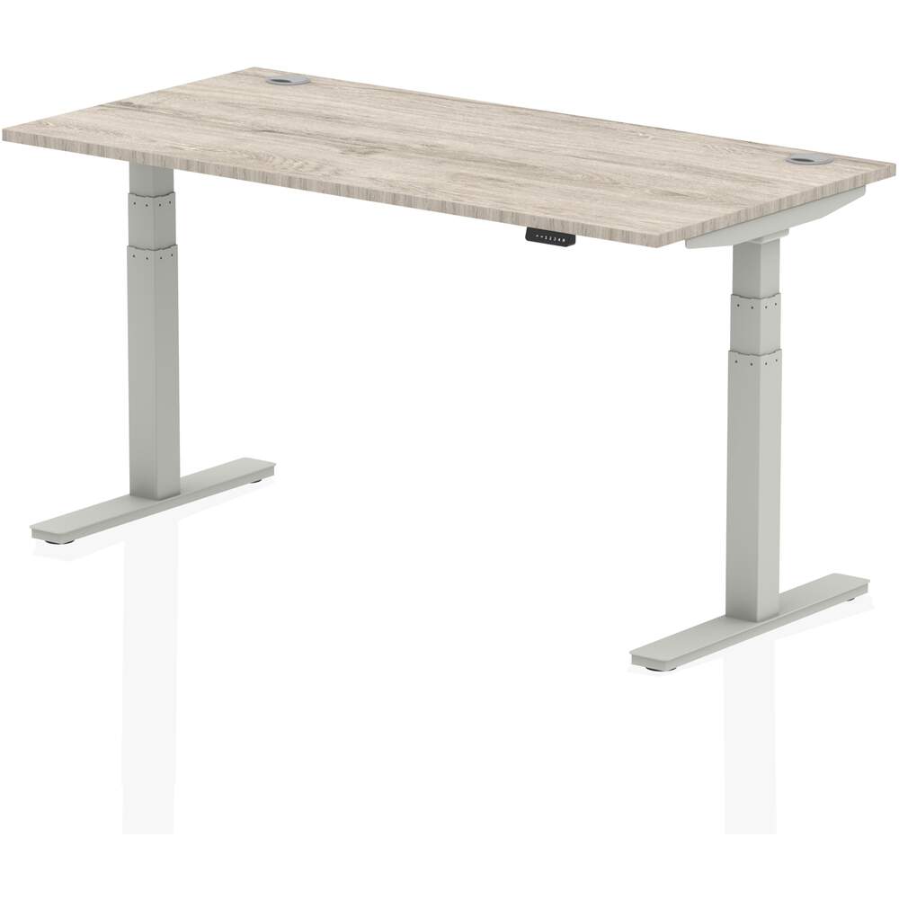 Air 1600 x 800mm Height Adjustable Desk Grey Oak Top Cable Ports Silver Leg