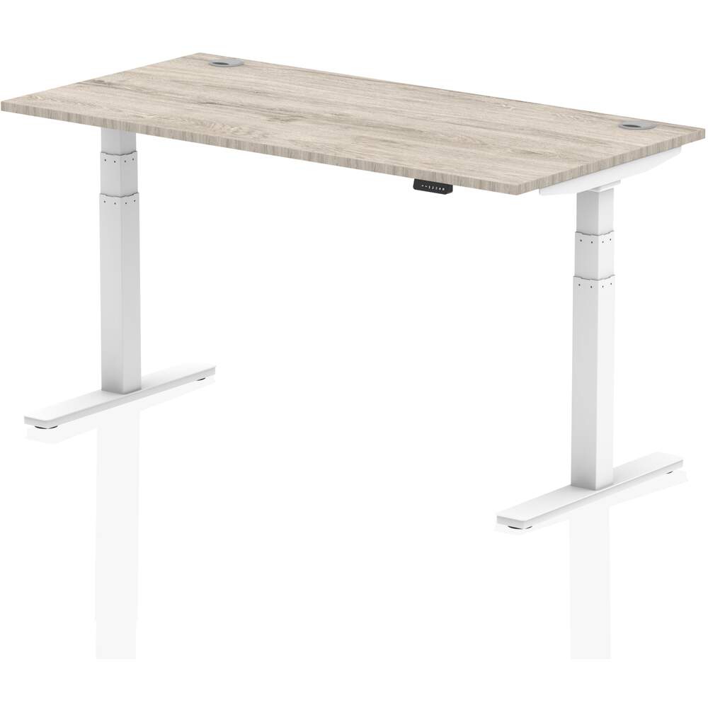 Air 1600 x 800mm Height Adjustable Desk Grey Oak Top Cable Ports White Leg