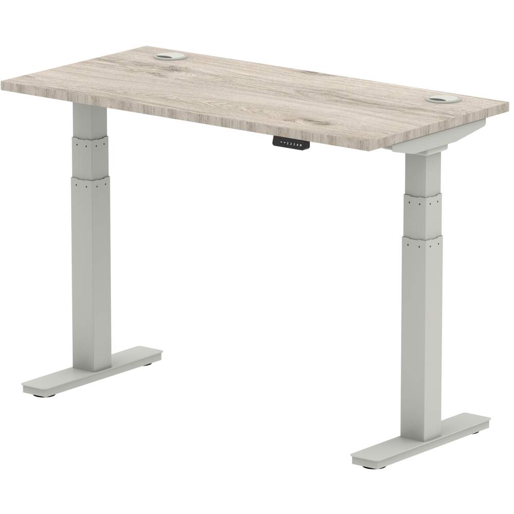 Air 1200 x 600mm Height Adjustable Desk Grey Oak Top Cable Ports Silver Leg