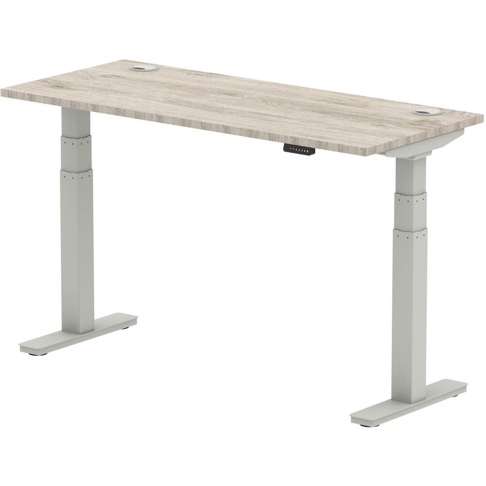 Air 1400 x 600mm Height Adjustable Desk Grey Oak Top Cable Ports Silver Leg