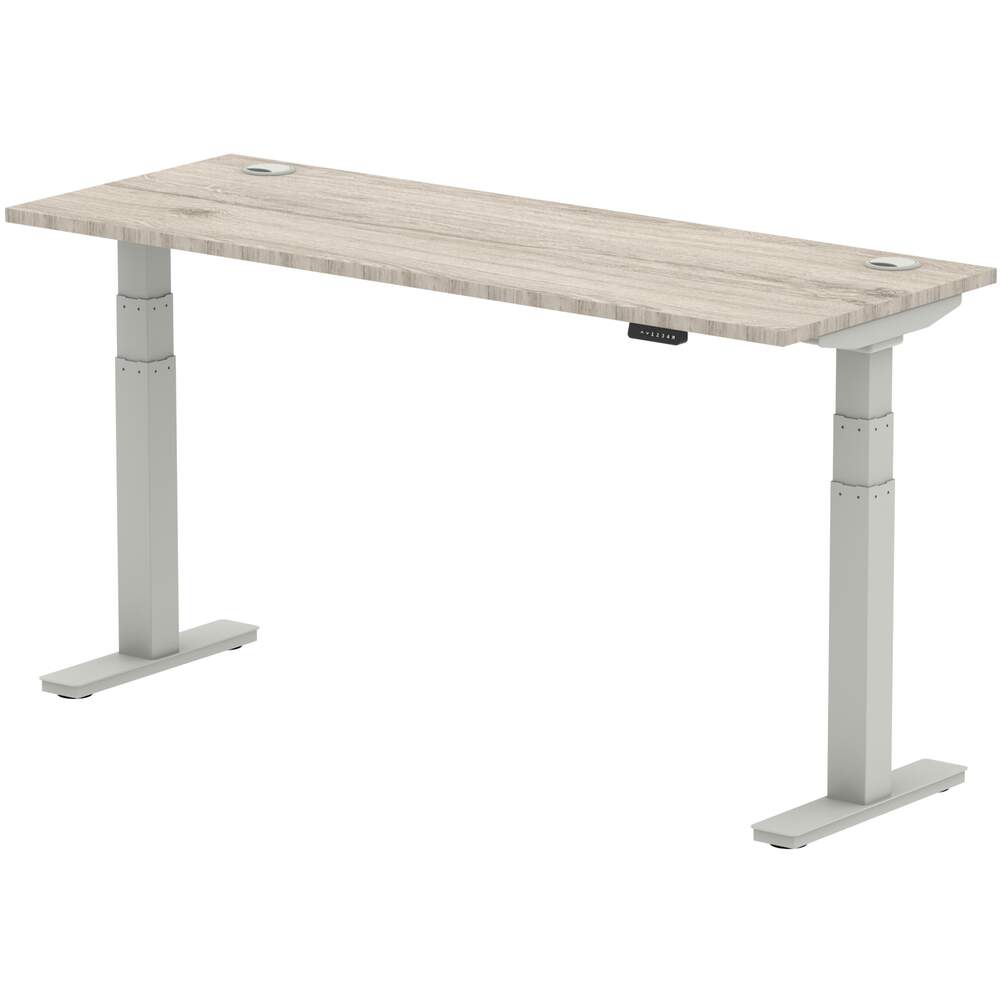 Air 1600 x 600mm Height Adjustable Desk Grey Oak Top Cable Ports Silver Leg
