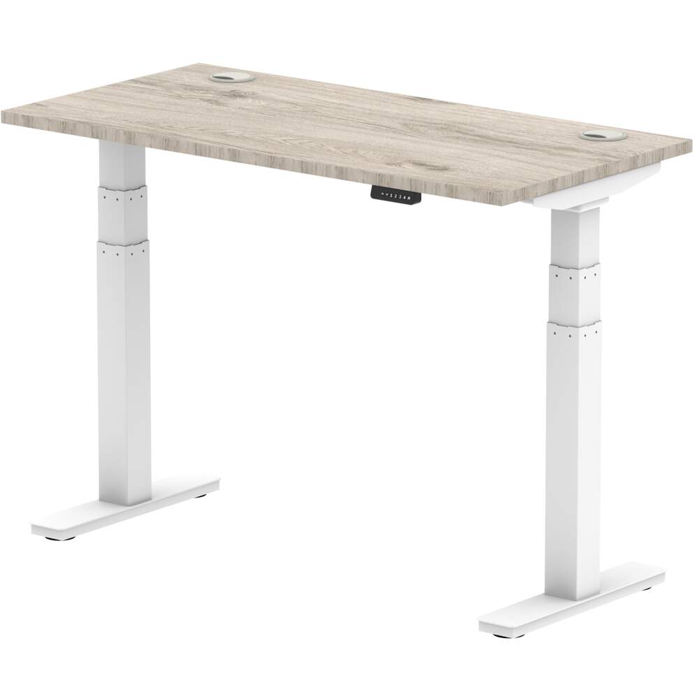 Air 1200 x 600mm Height Adjustable Desk Grey Oak Top Cable Ports White Leg