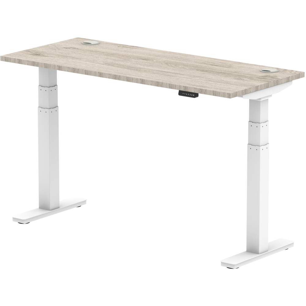 Air 1400 x 600mm Height Adjustable Desk Grey Oak Top Cable Ports White Leg