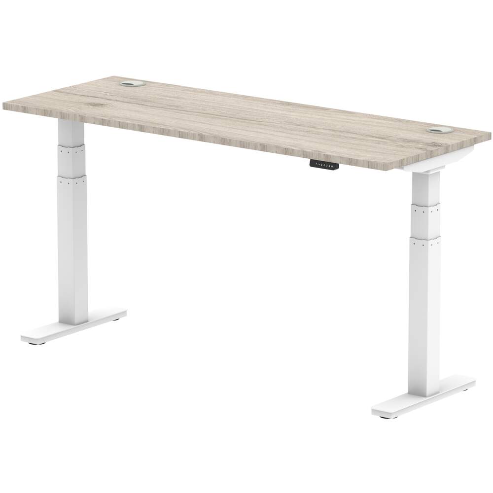 Air 1600 x 600mm Height Adjustable Desk Grey Oak Top Cable Ports White Leg