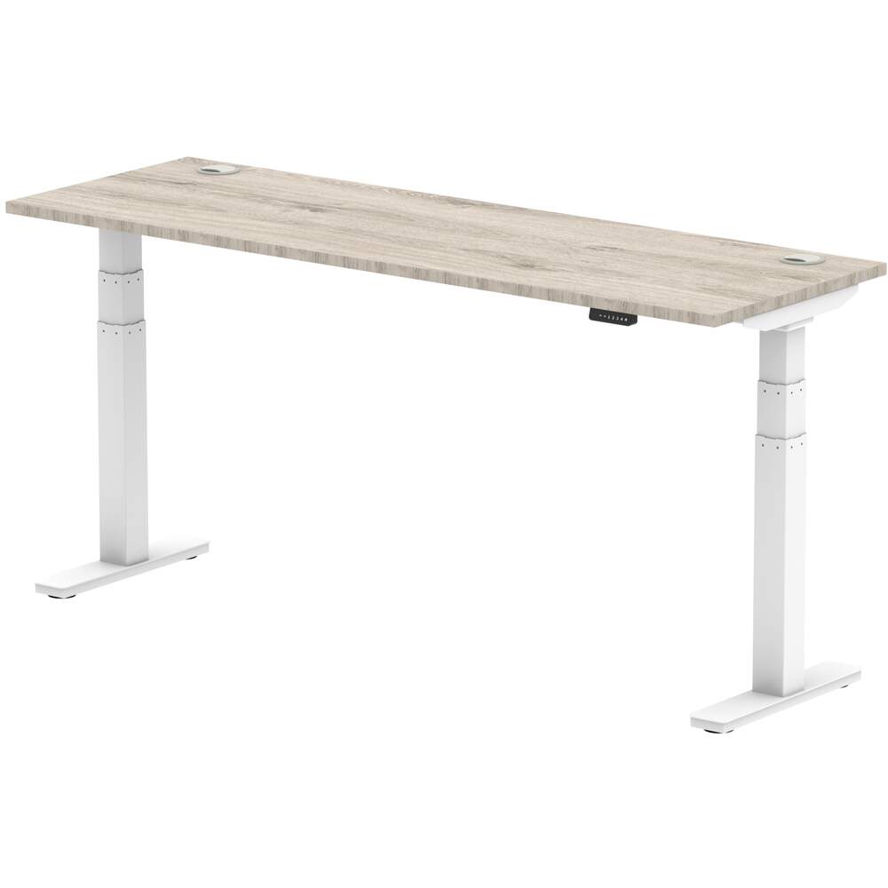 Air 1800 x 600mm Height Adjustable Desk Grey Oak Top Cable Ports White Leg