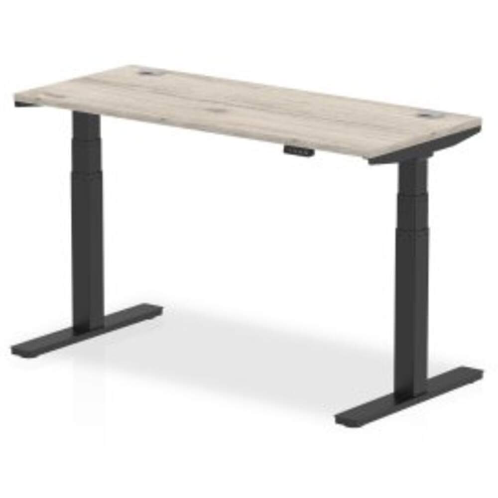 Air 1400 x 600mm Height Adjustable Desk Grey Oak Top Cable Ports Black Leg