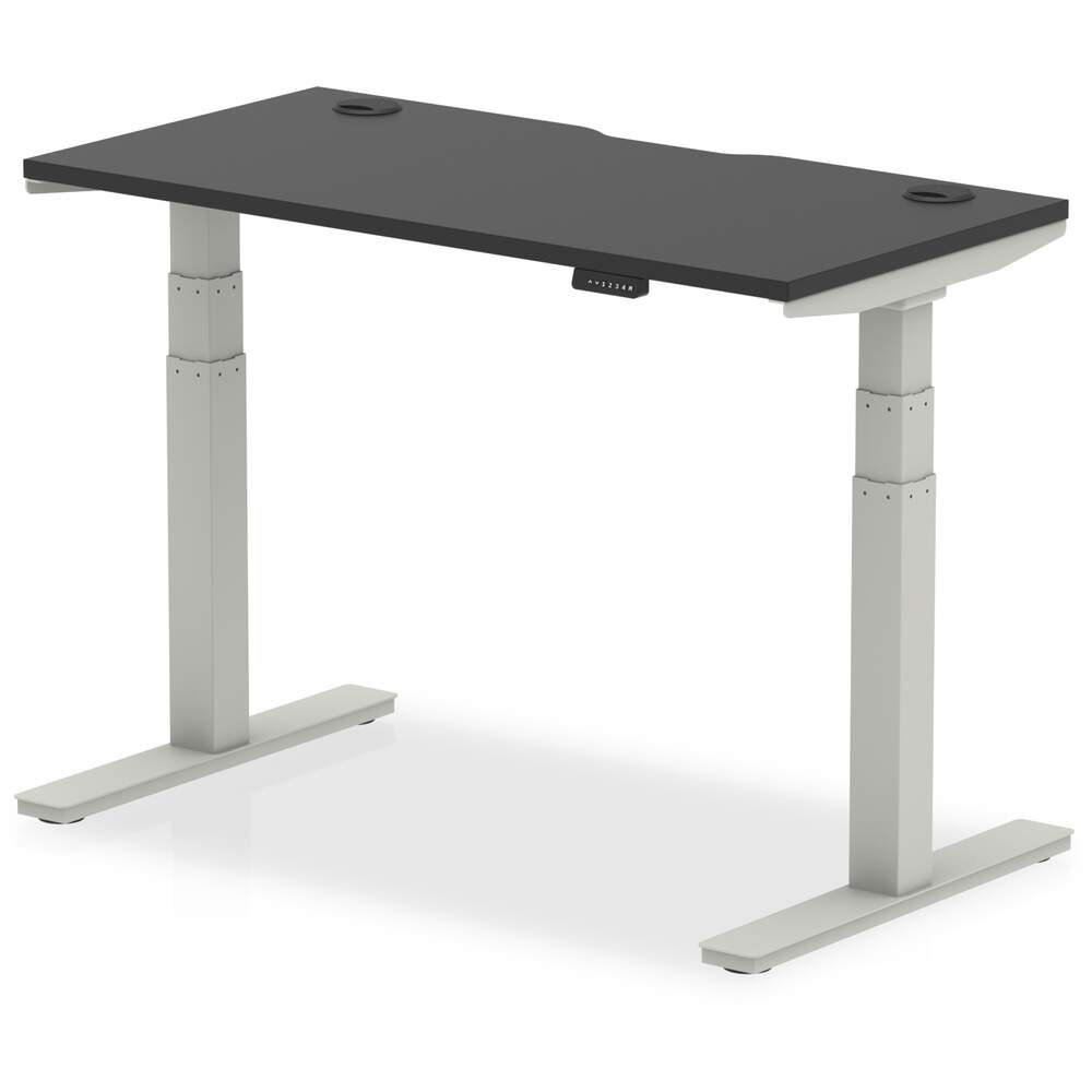 Air Black Series 1200 x 600mm Height Adjustable Desk Black Top with Cable Ports Silver Leg