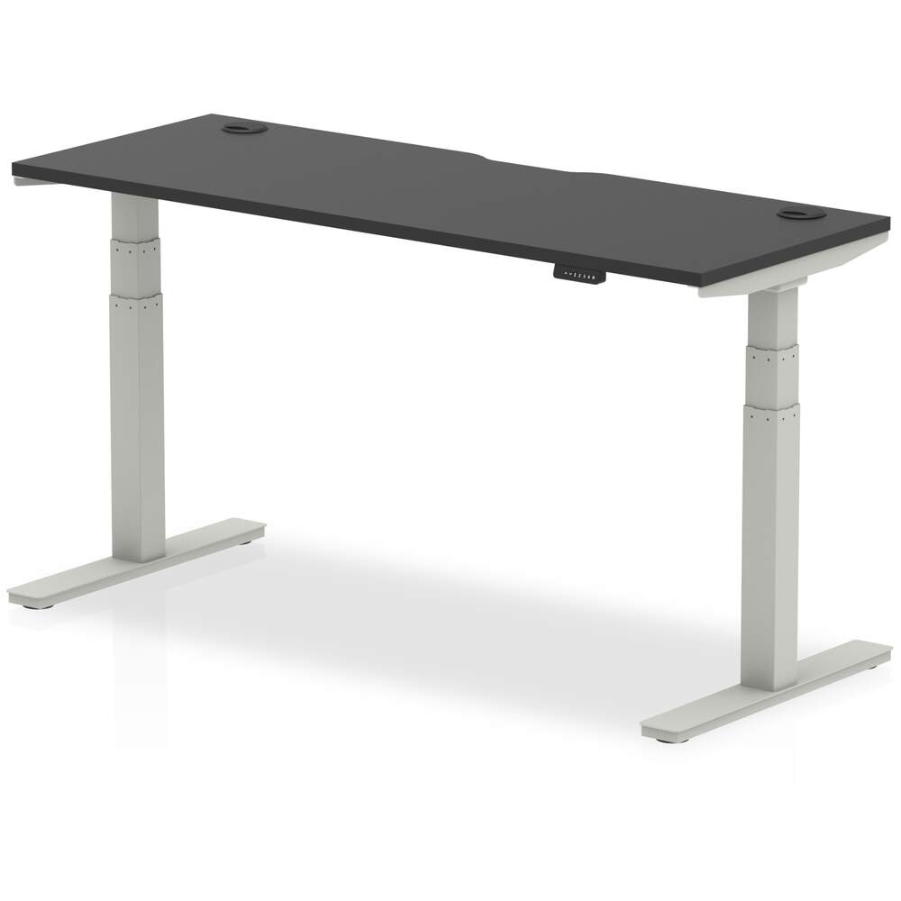 Air Black Series 1600 x 600mm Height Adjustable Desk Black Top with Cable Ports Silver Leg