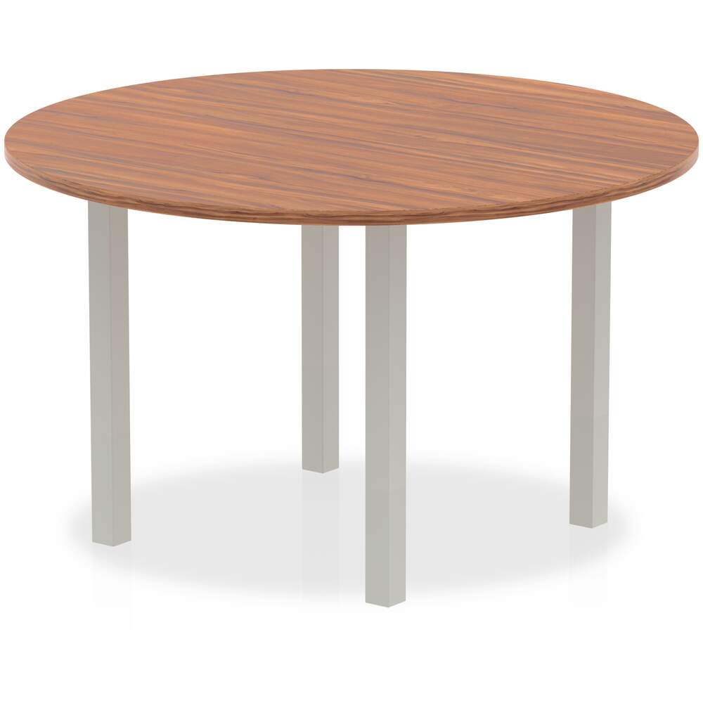 Impulse 1200mm Round Table Walnut Top Silver Post Leg