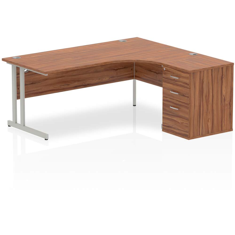 Impulse 1800mm Right Crescent Desk Walnut Top Silver Cantilever Leg Workstation 600 Deep Desk High Pedestal Bundle