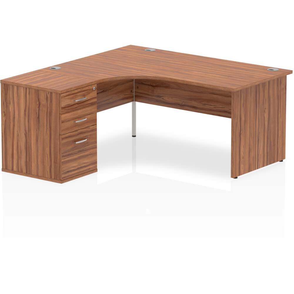 Impulse 1600mm Left Crescent Desk Walnut Top Panel End Leg Workstation 600 Deep Desk High Pedestal Bundle