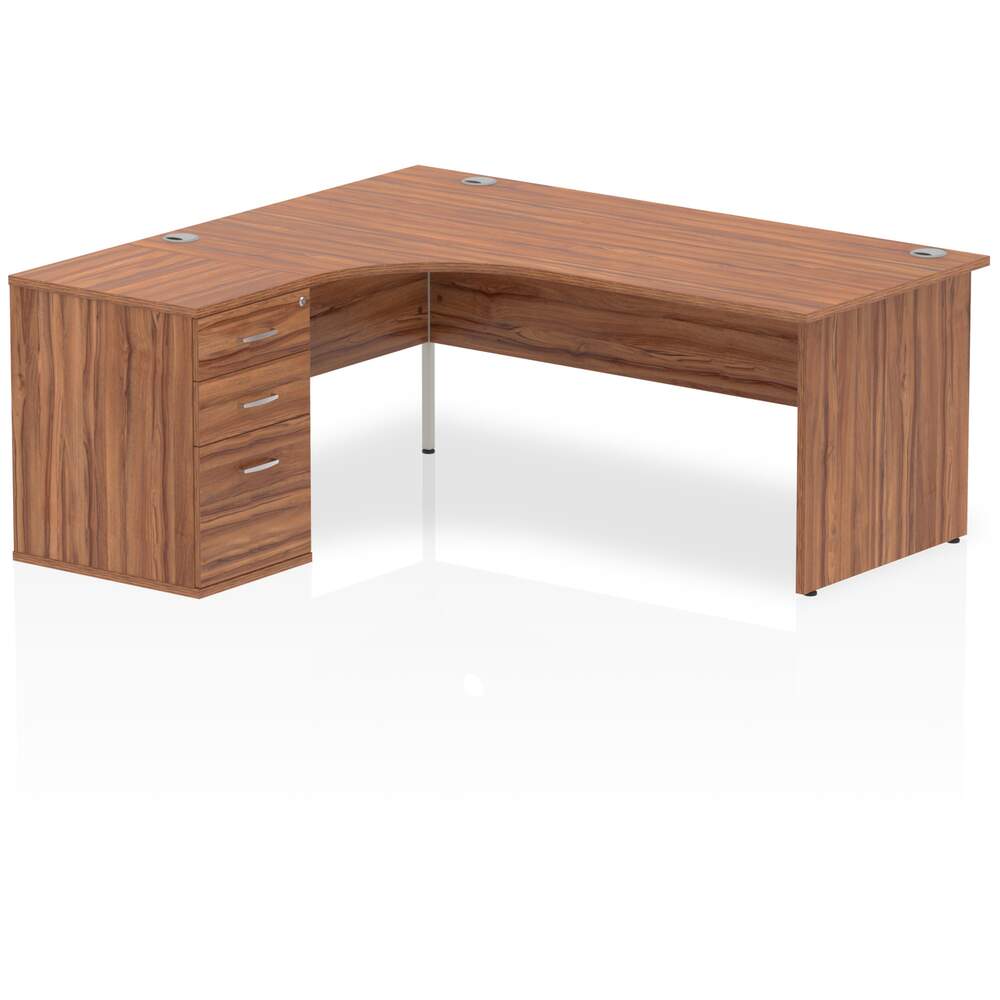 Impulse 1800mm Left Crescent Desk Walnut Top Panel End Leg Workstation 600 Deep Desk High Pedestal Bundle