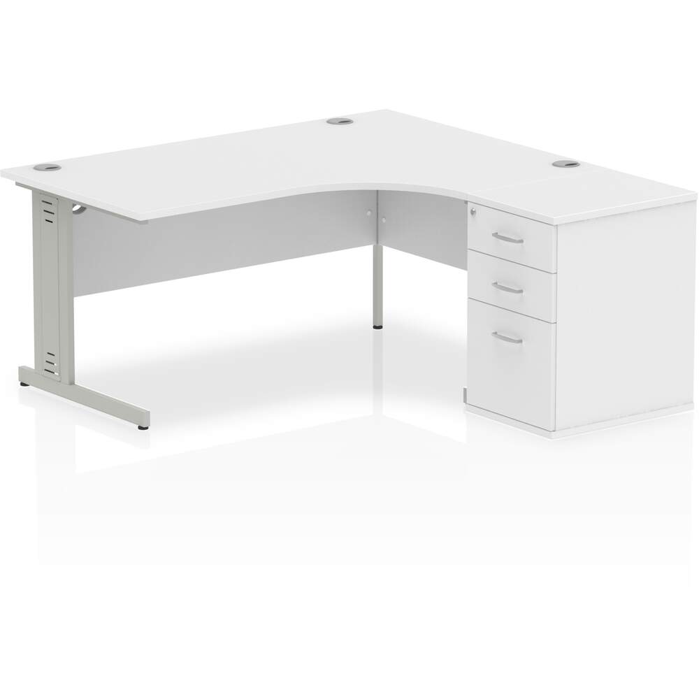 Impulse 1600mm Right Crescent Desk White Top Silver Cable Managed Leg Workstation 600 Deep Desk High Pedestal Bundle