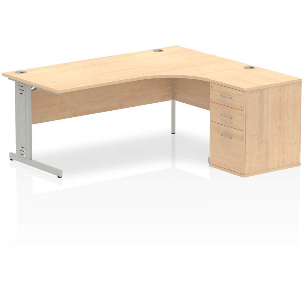 Impulse 1800mm Right Crescent Desk Maple Top Silver Cable Managed Leg Workstation 600 Deep Desk High Pedestal Bundle