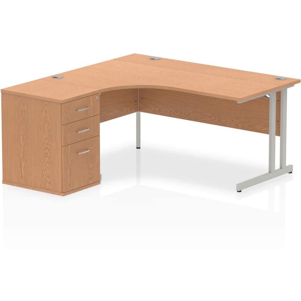 Impulse 1600mm Left Crescent Desk Oak Top Silver Cantilever Leg Workstation 600 Deep Desk High Pedestal Bundle