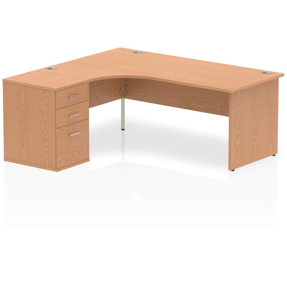 Impulse 1800mm Left Crescent Desk Oak Top Panel End Leg Workstation 600 Deep Desk High Pedestal Bundle