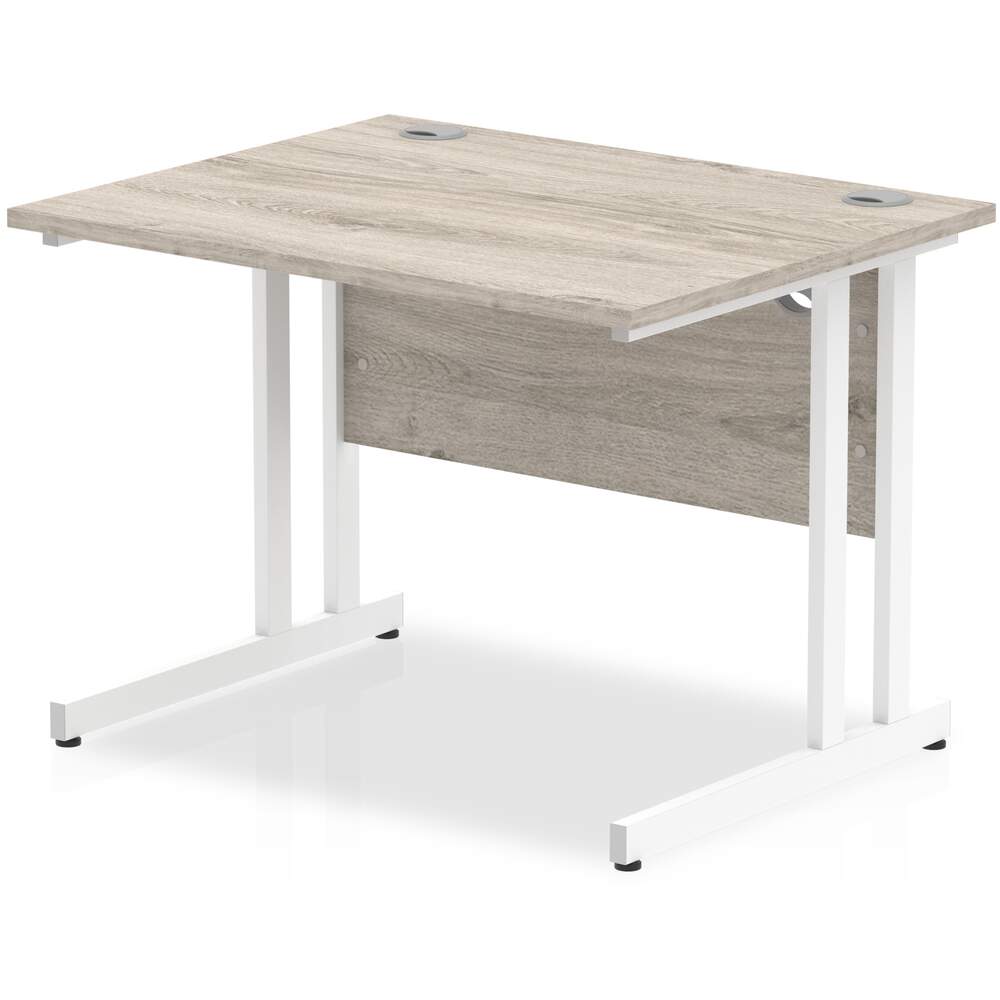 Impulse 1000 x 800mm Straight Desk Grey Oak Top White Cantilever Leg