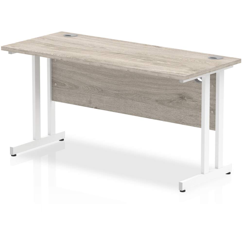 Impulse 1400 x 600mm Straight Desk Grey Oak Top White Cantilever Leg