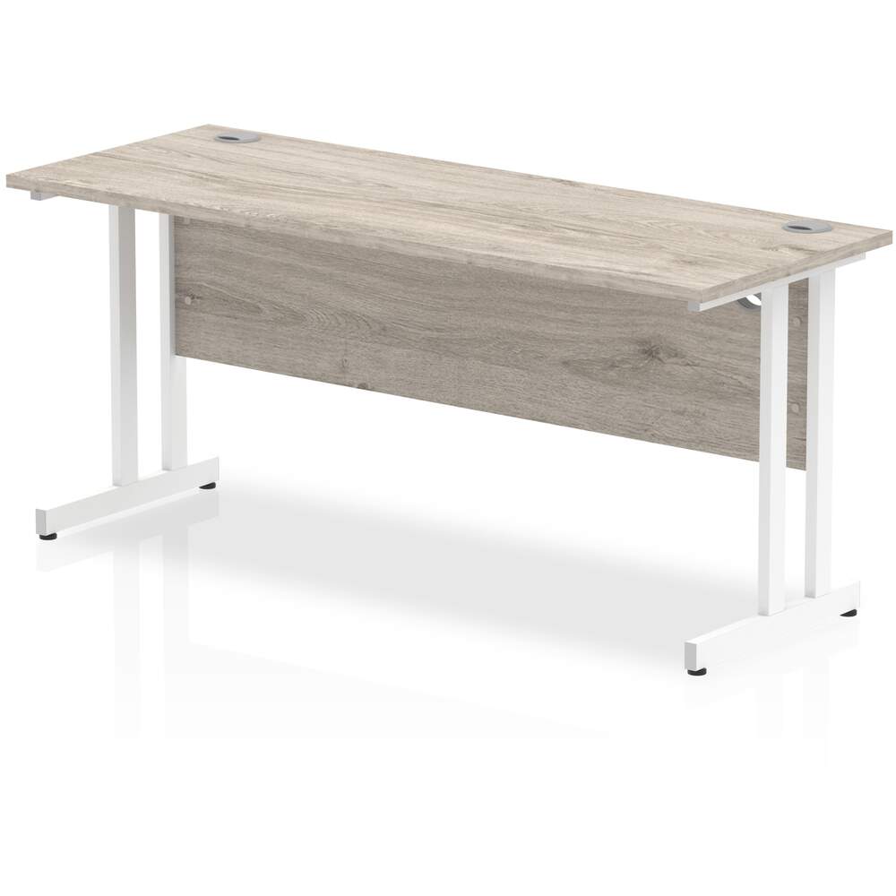 Impulse 1600 x 600mm Straight Desk Grey Oak Top White Cantilever Leg