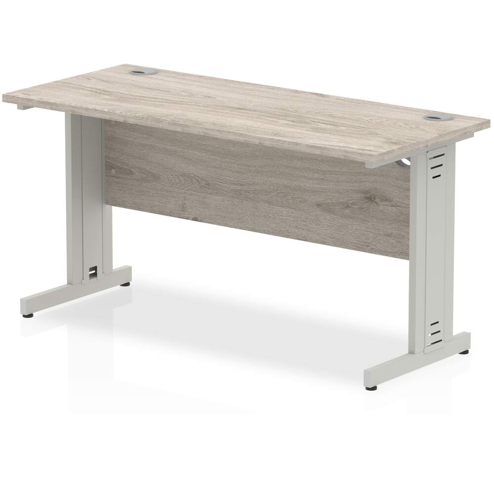 Impulse 1400 x 600mm Straight Desk Grey Oak Top Silver Cable Managed Leg