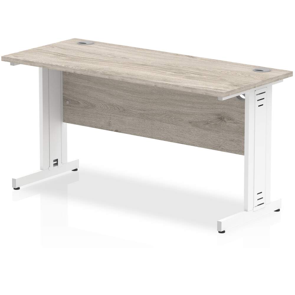 Impulse 1400 x 600mm Straight Desk Grey Oak Top White Cable Managed Leg