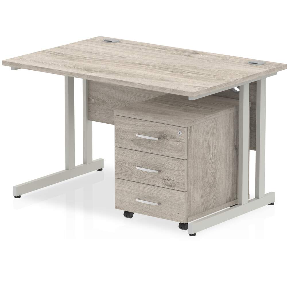 Impulse 1200 x 800mm Straight Desk Grey Oak Top Silver Cantilever Leg with 3 Drawer Mobile Pedestal Bundle