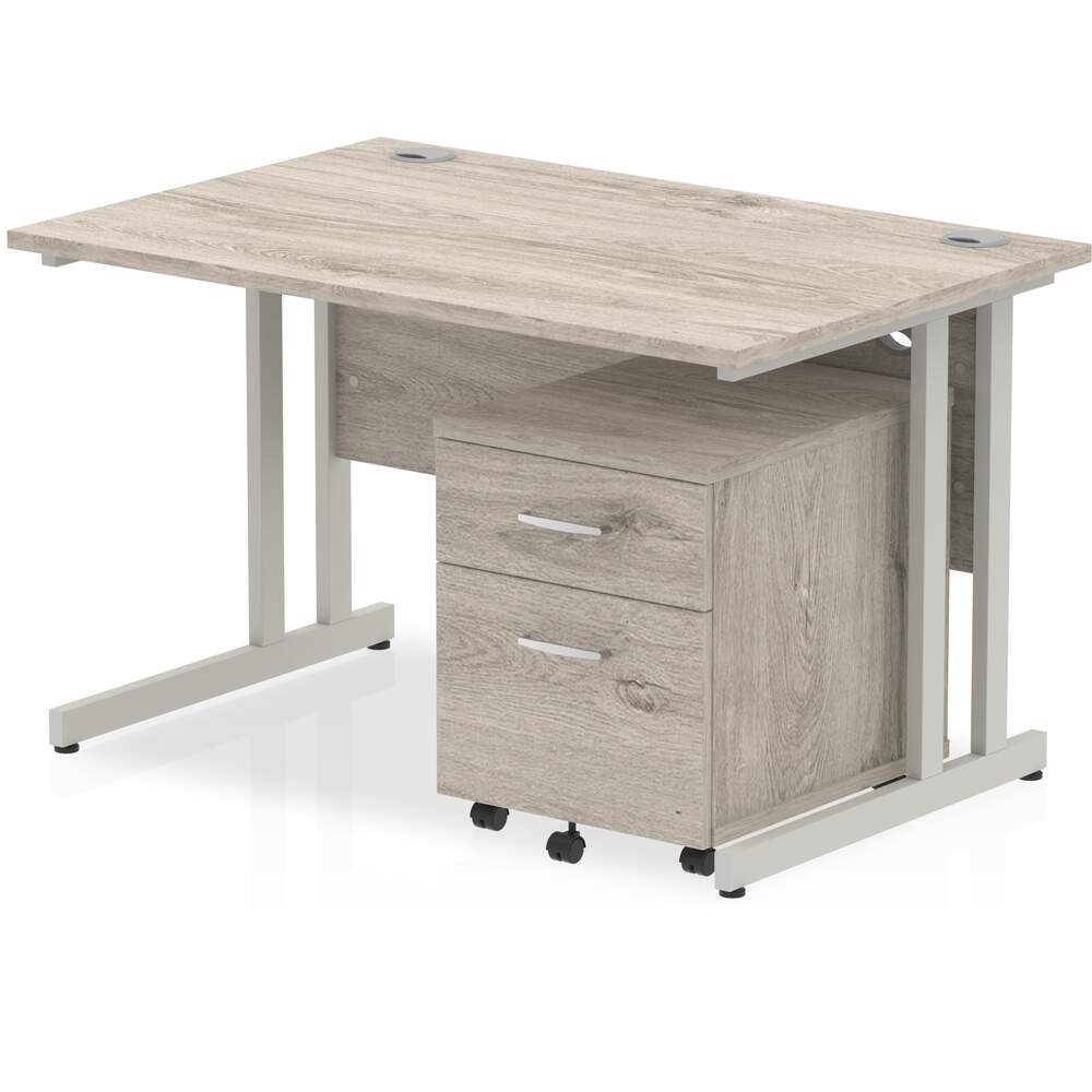 Impulse 1200 x 800mm Straight Desk Grey Oak Top Silver Cantilever Leg with 2 Drawer Mobile Pedestal Bundle