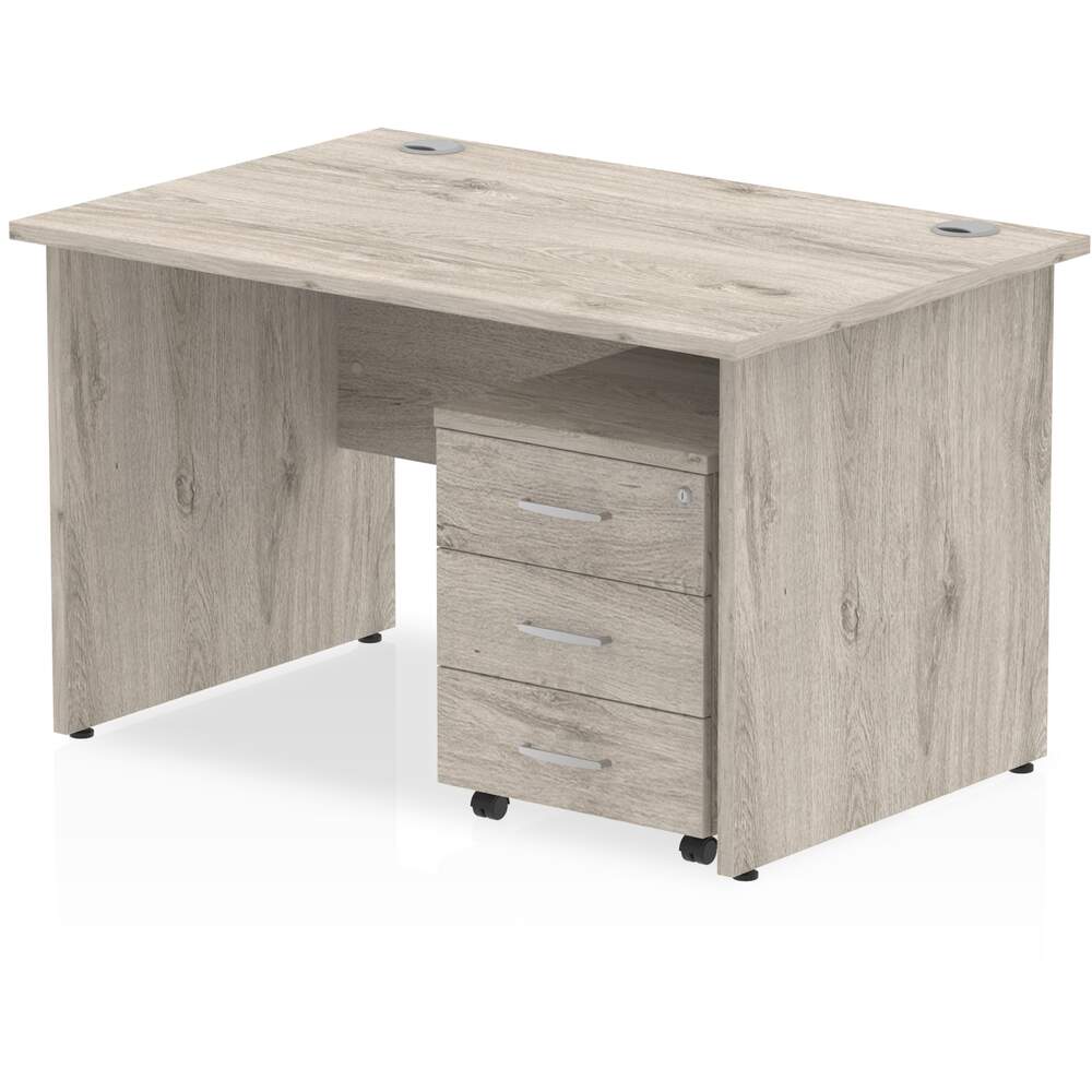 Impulse 1200 x 800mm Straight Desk Grey Oak Top Panel End Leg with 3 Drawer Mobile Pedestal Bundle