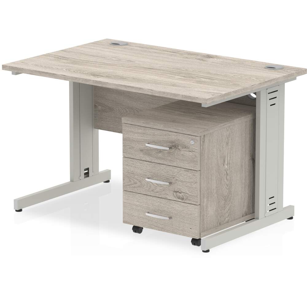 Impulse 1200 x 800mm Straight Desk Grey Oak Top Silver Cable Managed Leg with 3 Drawer Mobile Pedestal Bundle