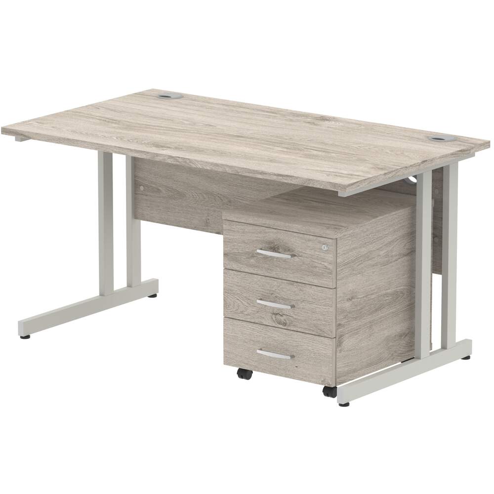 Impulse 1400 x 800mm Straight Desk Grey Oak Top Silver Cantilever Leg with 3 Drawer Mobile Pedestal Bundle