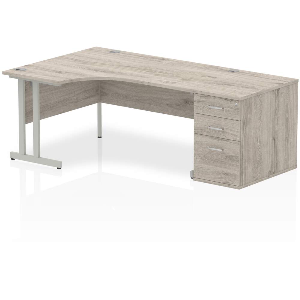 Impulse 1600mm Left Crescent Desk Grey Oak Top Silver Cantilever Leg Workstation 800 Deep Desk High Pedestal Bundle