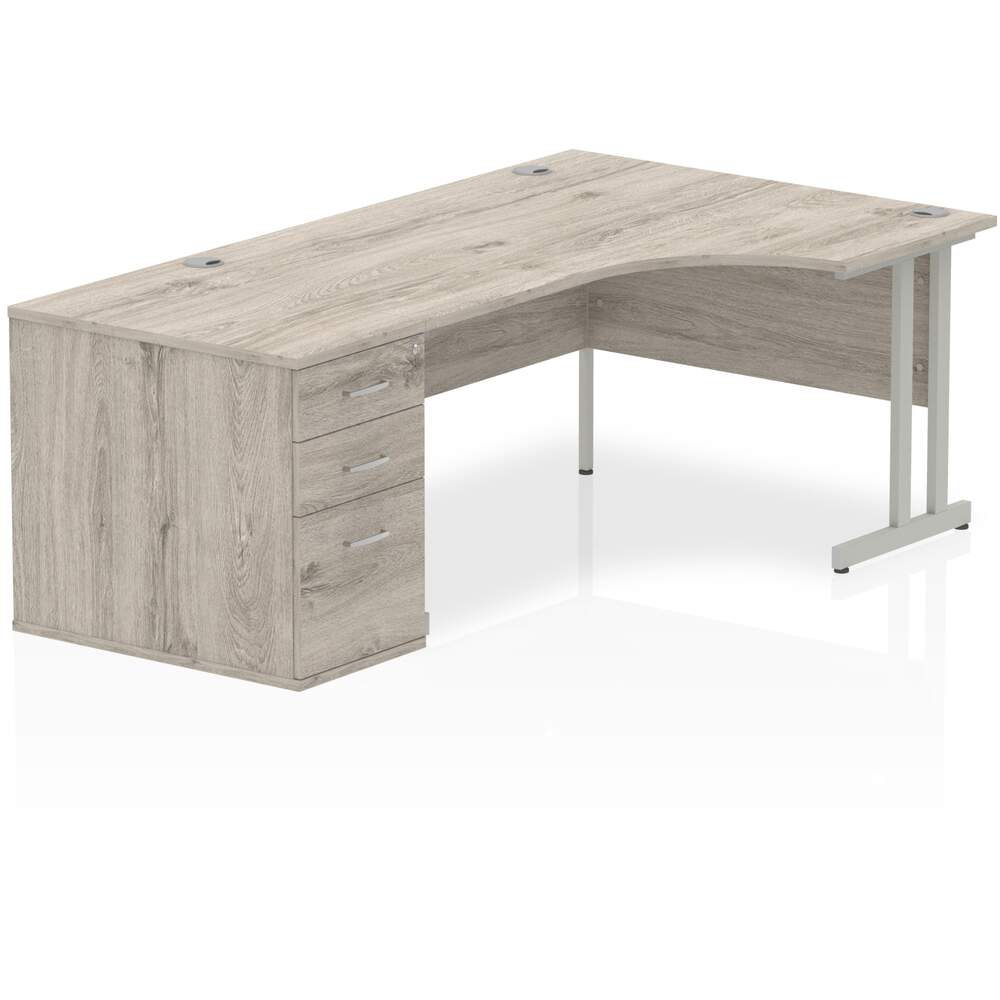 Impulse 1600mm Right Crescent Desk Grey Oak Top Silver Cantilever Leg Workstation 800 Deep Desk High Pedestal Bundle